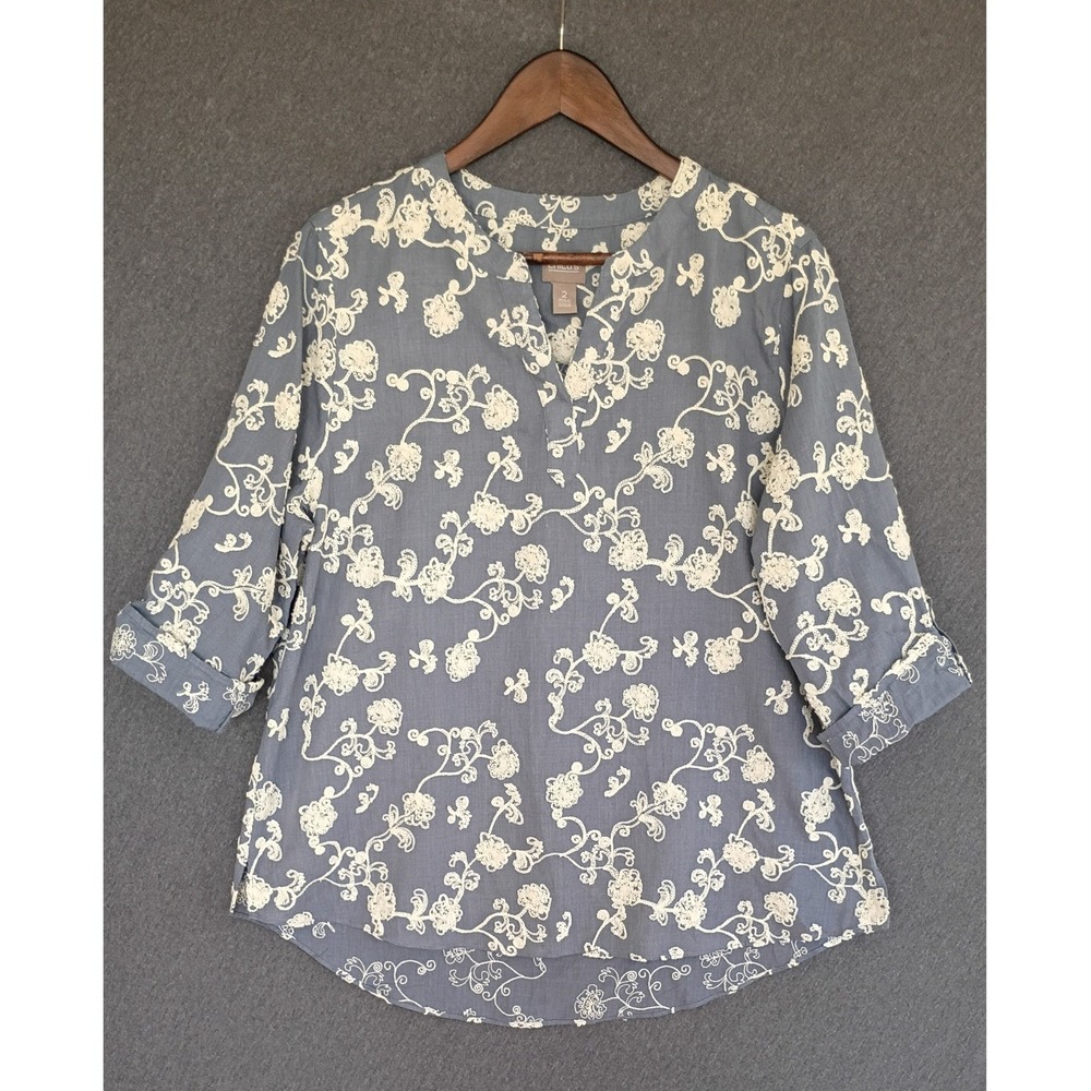Chicos Blue White Floral Embroidered Tunic‎ Blouse Split Neck 3/4 Sleeve Size L
